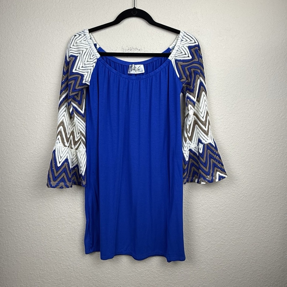 VaVa by Joy Han Women Cobalt Blue Crochet Sleeve Scoop‎ Neck Shift Dress Sz S